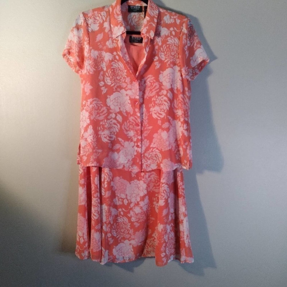 Liz Claiborne Shirt Skirt 3 Piece Set Coral White Floral Petite